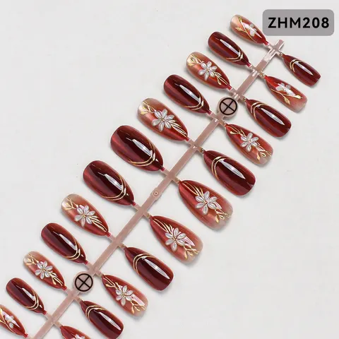 3D Red Flower Gold Foil Cat Eye Almond Press-On Nails design 1