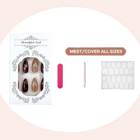3D Red Flower Gold Foil Cat Eye Almond Press-On Nails design 10