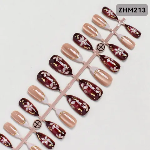 3D Red Flower Gold Foil Cat Eye Almond Press-On Nails design 11
