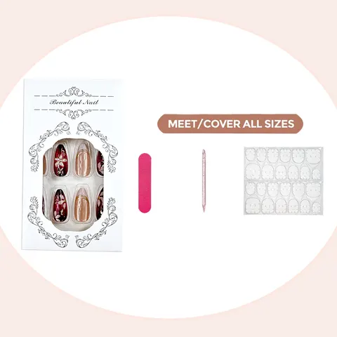 3D Red Flower Gold Foil Cat Eye Almond Press-On Nails design 12
