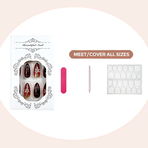 3D Red Flower Gold Foil Cat Eye Almond Press-On Nails design 2