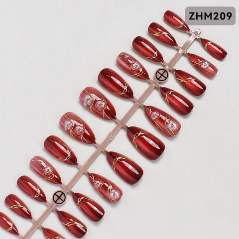 3D Red Flower Gold Foil Cat Eye Almond Press-On Nails design 3