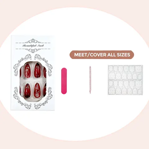 3D Red Flower Gold Foil Cat Eye Almond Press-On Nails design 4