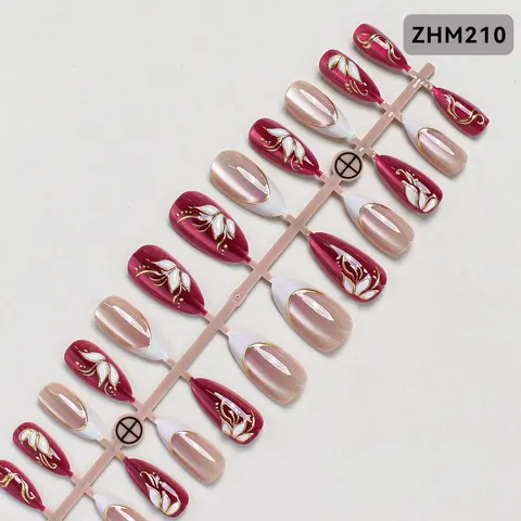 3D Red Flower Gold Foil Cat Eye Almond Press-On Nails design 5