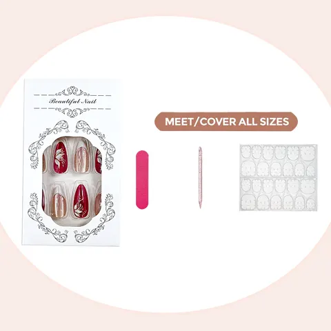 3D Red Flower Gold Foil Cat Eye Almond Press-On Nails design 6