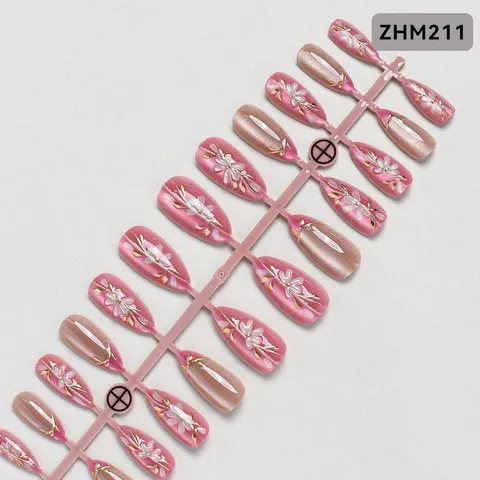 3D Red Flower Gold Foil Cat Eye Almond Press-On Nails design 7