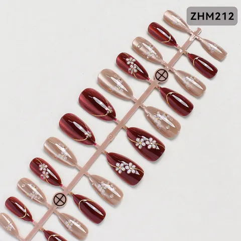 3D Red Flower Gold Foil Cat Eye Almond Press-On Nails design 9