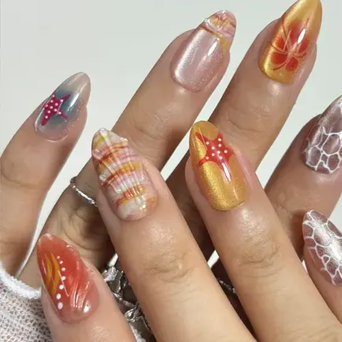 3D Wave, Starfish and Shell Short Almond Press-On Nails photo 2