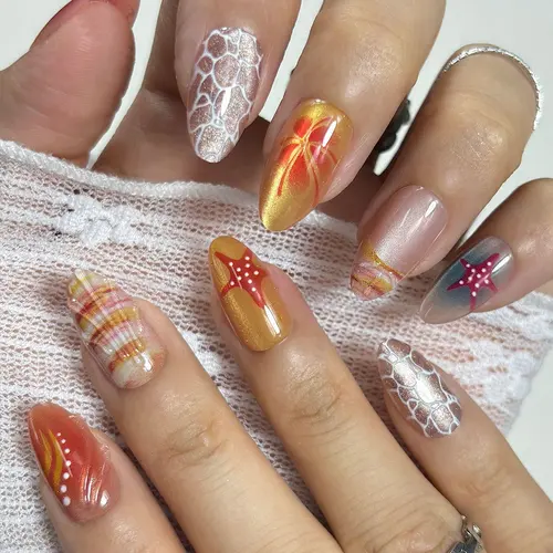 3D Wave, Starfish and Shell Short Almond Press-On Nails photo 3