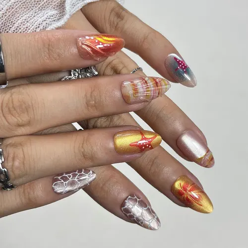 3D Wave, Starfish and Shell Short Almond Press-On Nails photo 4