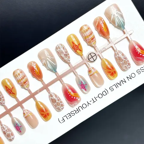 3D Wave, Starfish and Shell Short Almond Press-On Nails design 1