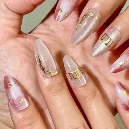 Autumn Aura Ombré Cat Eye Gold Foil Almond Press-On Nails photo 2