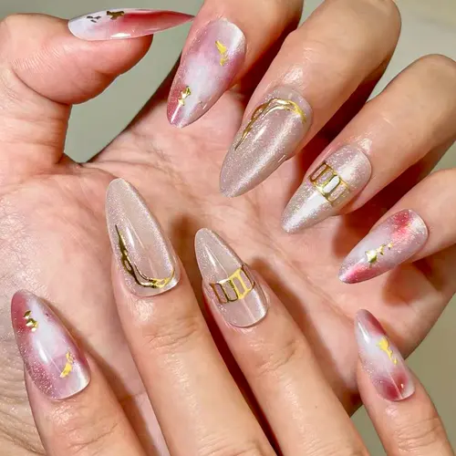 Autumn Aura Ombré Cat Eye Gold Foil Almond Press-On Nails photo 3