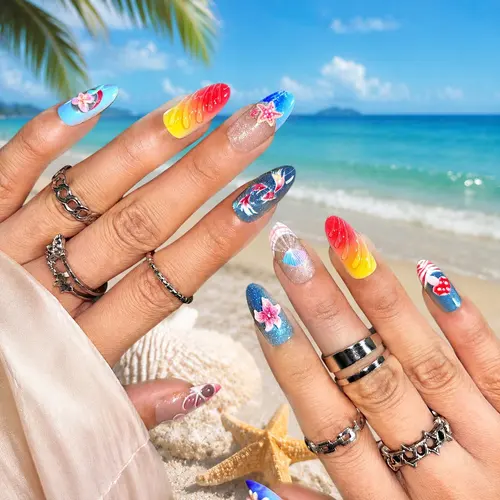Beach Vacation Embossed Painted Short Almond Press-On Nails photo 3