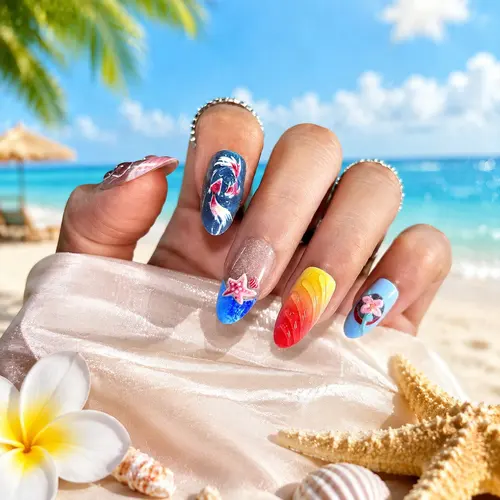 Beach Vacation Embossed Painted Short Almond Press-On Nails photo 4