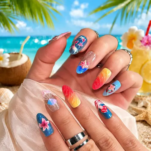 Beach Vacation Embossed Painted Short Almond Press-On Nails photo 5