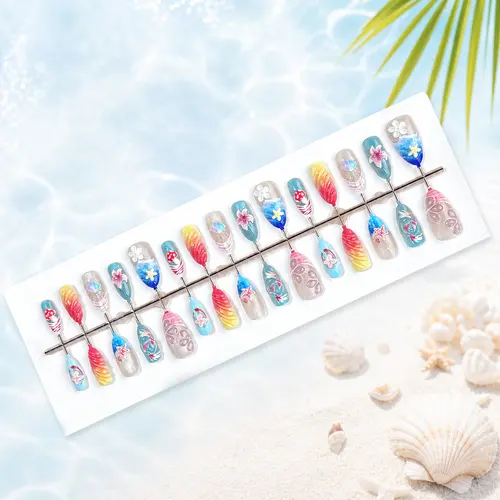 Beach Vacation Embossed Painted Short Almond Press-On Nails photo 6