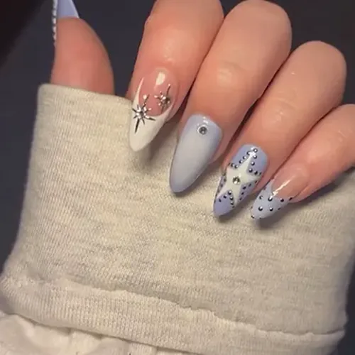 Blue Ombré Star Rhinestone French Almond Press-On Nails photo 3