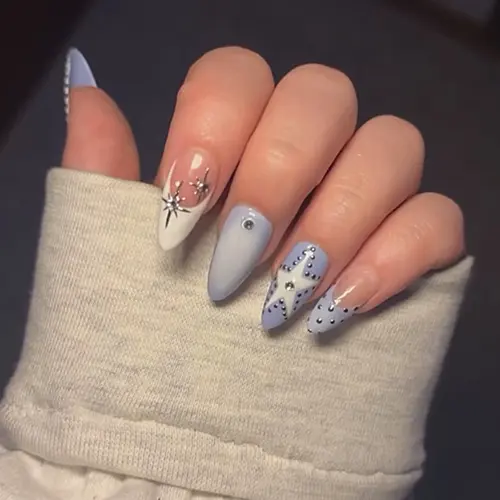 Blue Ombré Star Rhinestone French Almond Press-On Nails photo 4