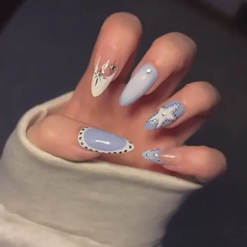 Blue Ombré Star Rhinestone French Almond Press-On Nails photo 5