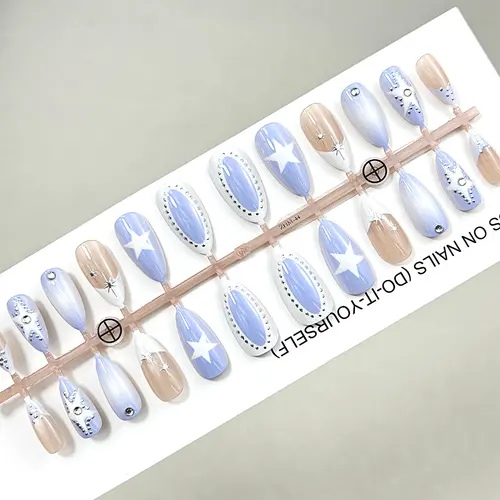 Blue Ombré Star Rhinestone French Almond Press-On Nails photo 6