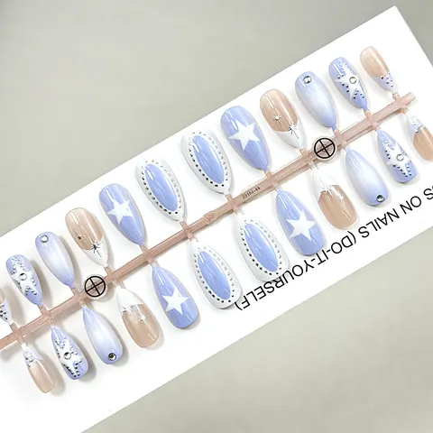 Blue Ombré Star Rhinestone French Almond Press-On Nails design 1