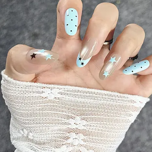 Blue and Pink Star Polka Dot Cat Eye Medium Oval Press-On Nails photo 3
