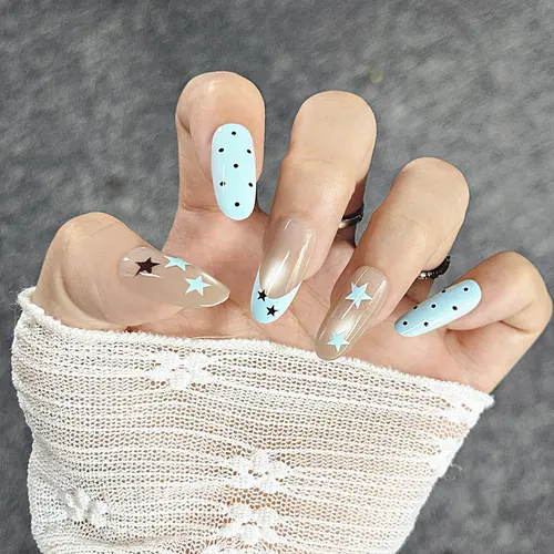 Blue and Pink Star Polka Dot Cat Eye Medium Oval Press-On Nails photo 4