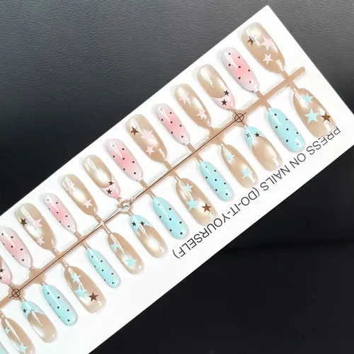 Blue and Pink Star Polka Dot Cat Eye Medium Oval Press-On Nails photo 5