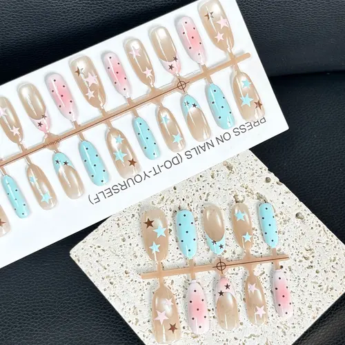 Blue and Pink Star Polka Dot Cat Eye Medium Oval Press-On Nails photo 6
