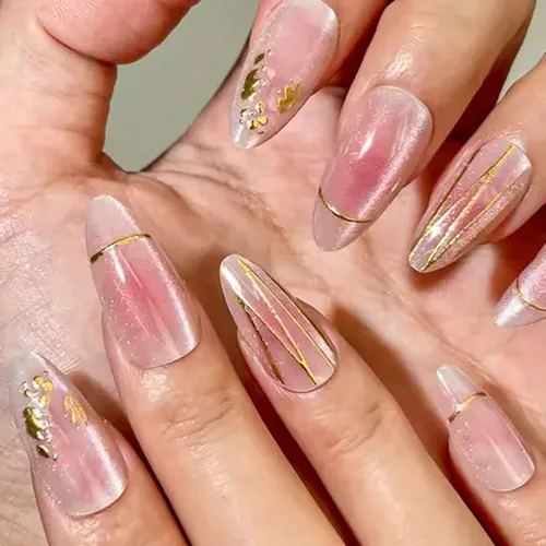 Blush Aura Cat Eye Gold Foil Almond Press-On Nails photo 2