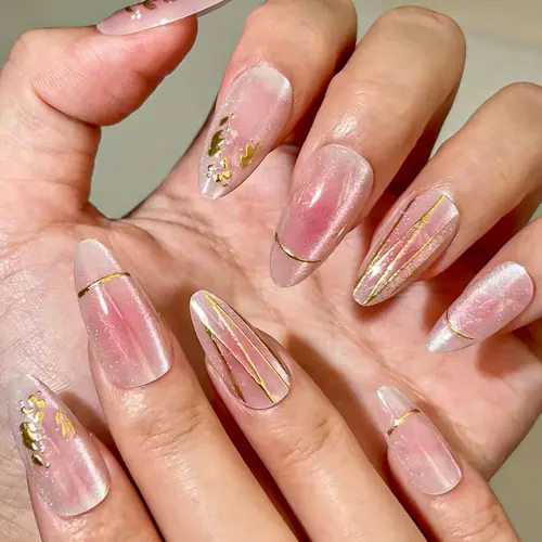 Blush Aura Cat Eye Gold Foil Almond Press-On Nails photo 3