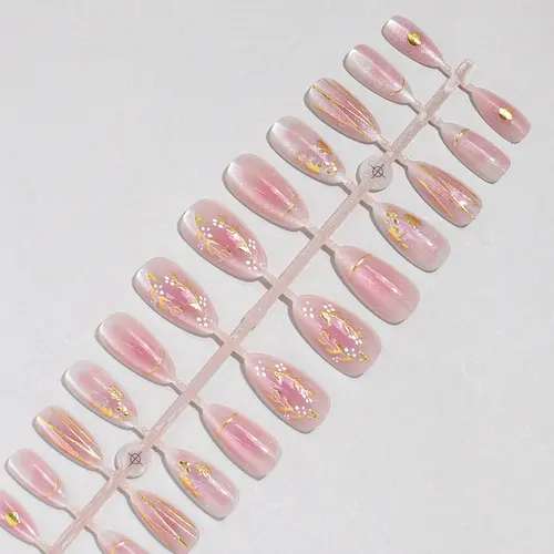 Blush Aura Cat Eye Gold Foil Almond Press-On Nails photo 4