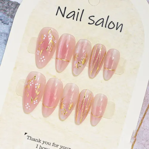 Blush Aura Cat Eye Gold Foil Almond Press-On Nails photo 5