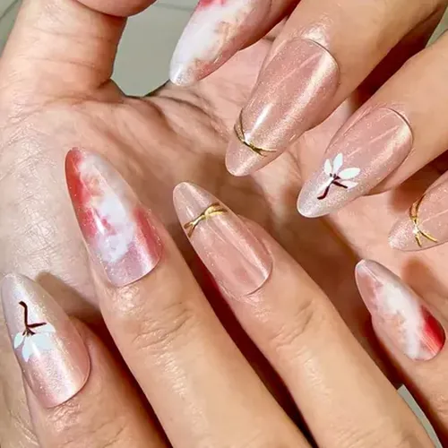 Blush Aura Ombré Gold Foil Almond Press-On Nails photo 2