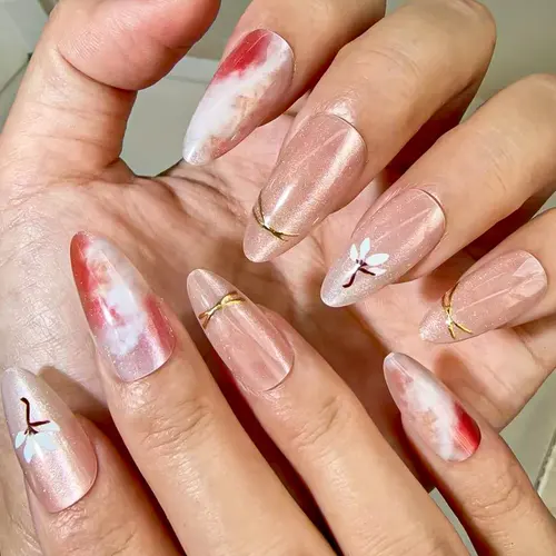 Blush Aura Ombré Gold Foil Almond Press-On Nails photo 3