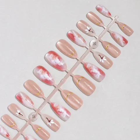 Blush Aura Ombré Gold Foil Almond Press-On Nails design 1
