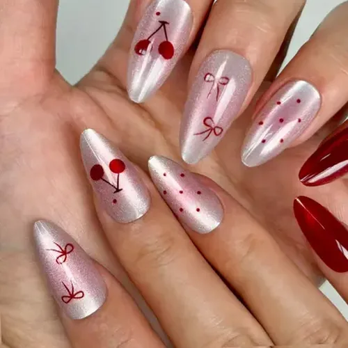 Bow and Cherry Polka Dot Cat Eye Almond Press-On Nails photo 2