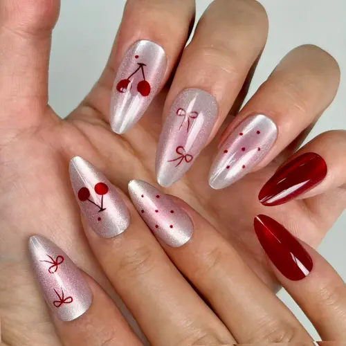 Bow and Cherry Polka Dot Cat Eye Almond Press-On Nails photo 3