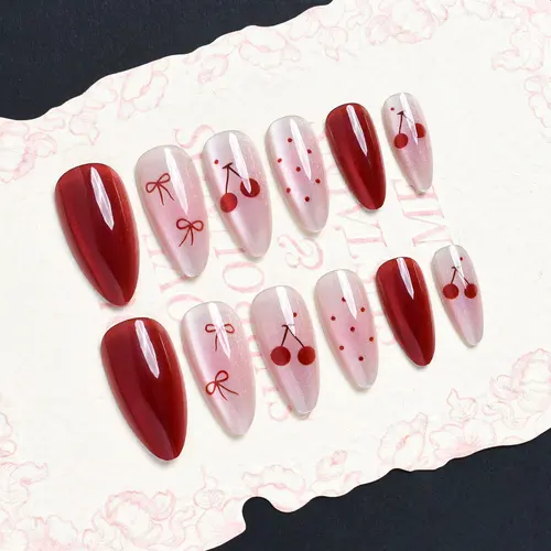 Bow and Cherry Polka Dot Cat Eye Almond Press-On Nails photo 5