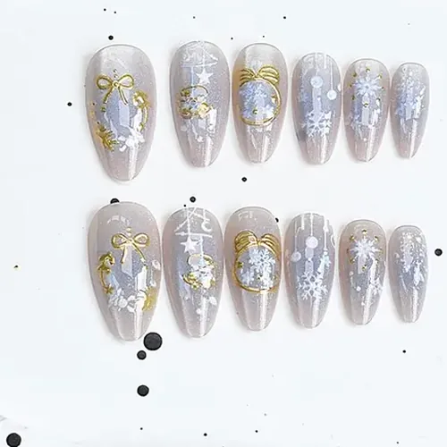 Bow and Snowflake Gold Foil Christmas Cat Eye Press-On Nails photo 2