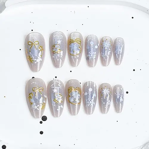 Bow and Snowflake Gold Foil Christmas Cat Eye Press-On Nails photo 3