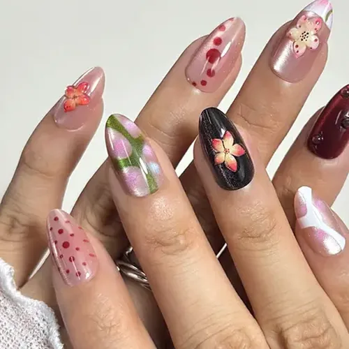 Bright 3D Flower Ombré Cat Eye Short Almond Press-On Nails photo 2