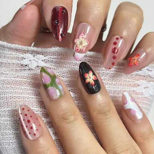 Bright 3D Flower Ombré Cat Eye Short Almond Press-On Nails photo 3