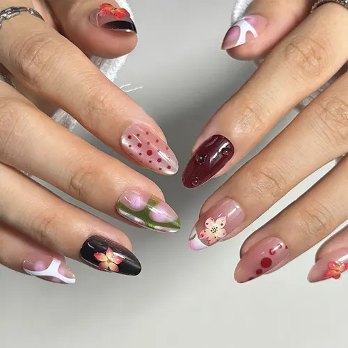 Bright 3D Flower Ombré Cat Eye Short Almond Press-On Nails photo 4