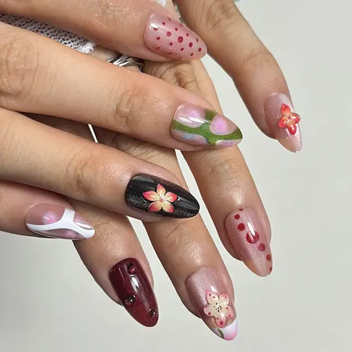 Bright 3D Flower Ombré Cat Eye Short Almond Press-On Nails photo 5