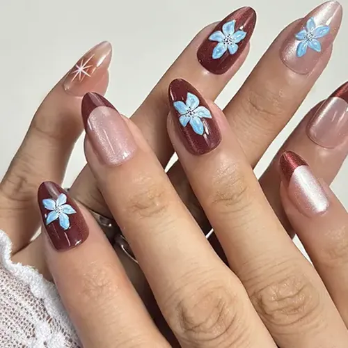 Brown 3D Flower French Short Almond Press-On Nails photo 2