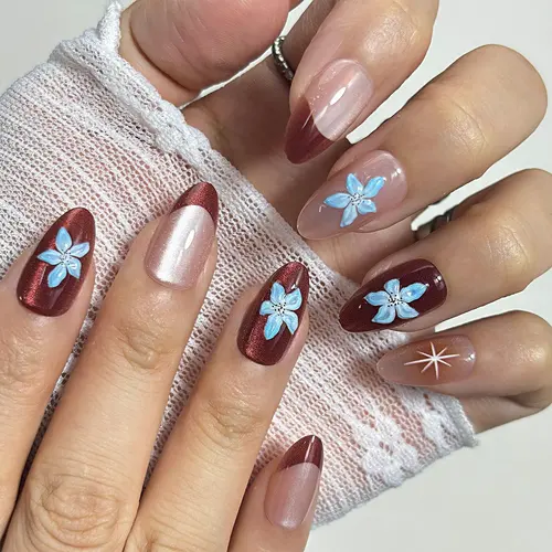 Brown 3D Flower French Short Almond Press-On Nails photo 3