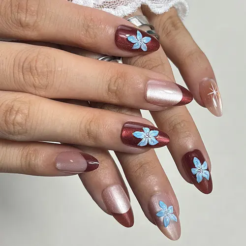 Brown 3D Flower French Short Almond Press-On Nails photo 4