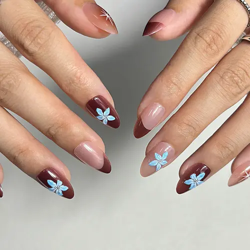 Brown 3D Flower French Short Almond Press-On Nails photo 5